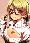  breasts brown_hair cleavage_cutout glasses highres koizumi_hanayo large_breasts love_live! love_live!_school_idol_project meme_attire open-chest_sweater purple_eyes ribbed_sweater short_hair smile solo sweater turtleneck ytk_(yutta-p) 