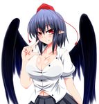  bird_wings black_hair blush breasts cleavage hat highres large_breasts miniskirt naughty_face navel parmiria pointing pointing_at_self pointy_ears red_eyes see-through shameimaru_aya short_hair skirt smirk solo tokin_hat touhou tsurime undersized_clothes wings 