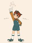  blush brown_hair endou_mamoru gloves goalkeeper hand_on_hip headband ibashi_roni inazuma_eleven inazuma_eleven_(series) male_focus raimon raimon_soccer_uniform smile soccer_uniform solo sportswear standing 