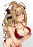  amagi_brilliant_park bikini blush breast_hold breasts brown_eyes brown_hair cleavage highres large_breasts long_hair looking_away ponytail rakkou red_bikini sento_isuzu swimsuit 