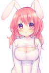  animal_ears blush breasts bunny_ears cleavage cleavage_cutout large_breasts looking_at_viewer low_twintails meme_attire open-chest_sweater original red_eyes red_hair ribbed_sweater sakura_(usashiro_mani) simple_background sketch solo sweater turtleneck twintails usashiro_mani white_background 