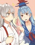  2girls bad_id bad_pixiv_id blouse blue_hair bow breasts cleavage collarbone collared_shirt eating eyebrows food food_on_face fujiwara_no_mokou hair_bow handkerchief hat kamishirasawa_keine long_hair medium_breasts multiple_girls open_mouth p_no_hito polka_dot polka_dot_background pudding red_eyes shirt silver_hair spoon spoon_in_mouth suspenders touhou upper_body 