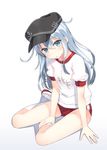  alternate_costume anchor anchor_symbol buruma flat_cap full_body gym_uniform hat head_tilt hibiki_(kantai_collection) hyuuga_azuri kantai_collection kneehighs long_hair looking_at_viewer name_tag open_mouth shoes silver_eyes silver_hair sitting solo sportswear translated uwabaki white_background white_hair white_legwear 