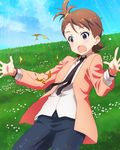  :o balloon brown_eyes brown_hair day field futami_ami grass hair_tie idolmaster idolmaster_(classic) idolmaster_million_live! jacket long_sleeves necktie official_art open_clothes open_jacket outdoors pants shirt short_hair side_ponytail sky solo spread_fingers standing surprised white_shirt wing_collar 