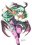  animal_print bad_id bad_twitter_id bare_shoulders bat_print bat_wings breasts bridal_gauntlets demon_girl elbow_gloves gloves green_hair head_wings large_breasts leotard long_hair morrigan_aensland oono_tsutomu pantyhose print_legwear purple_wings solo succubus vampire_(game) wings yellow_eyes 