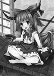  absurdly_long_hair alcohol barefoot blush bow cup full_body gourd graphite_(medium) greyscale hair_bow hair_ribbon highres horns ibuki_suika indian_style kittona long_hair looking_at_viewer looking_up low-tied_long_hair millipen_(medium) monochrome open_mouth ribbon sakazuki sake shirt sitting skirt sleeveless sleeveless_shirt sliding_doors smile solo tatami touhou traditional_media very_long_hair wrist_cuffs 