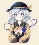  bow cross_eyed green_eyes hands_clasped hat hat_bow heart heart_of_string interlocked_fingers komeiji_koishi long_sleeves own_hands_together shirt silver_hair smile solo squinting third_eye touhou uranaishi_(miraura) wide_sleeves 