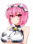  3: animal_costume animal_print bell bell_collar blush breast_lift breasts collar cow_costume cow_horns cow_print horns komeiji_satori large_breasts parmiria pink_eyes pink_hair short_hair solo touhou tsurime underboob_cutout upper_body 