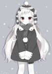  alternate_costume artist_name blush breath coat hat kantai_collection long_hair looking_at_viewer masuishi_kinoto mittens northern_ocean_hime red_eyes revision scarf shinkaisei-kan simple_background snowing solo timestamp v_arms white_hair white_skin winter_clothes winter_coat 