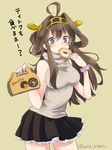  ahoge alternate_costume brown_hair casual doughnut eating food frilled_skirt frills grey_eyes hairband holding kantai_collection kongou_(kantai_collection) long_hair looking_at_viewer motohara_moka pastry_box pleated_skirt scrunchie simple_background skirt sleeveless sleeveless_turtleneck solo translated turtleneck twitter_username wrist_scrunchie 