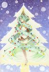  absurdly_long_hair absurdres boots christmas christmas_ornaments christmas_tree closed_eyes color_ink_(medium) colored_pencil_(medium) full_body graphite_(medium) green_hair hand_on_own_chest hat hatsune_miku highres long_hair necktie skirt snow solo star thigh_boots thighhighs traditional_media twintails very_long_hair vocaloid 