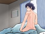  back bed black_hair blue_eyes blush calendar_(object) joe_doudou makoto_(street_fighter) md5_mismatch naked_sheet nude short_hair solo street_fighter waking_up 