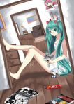  barefoot character_doll digital_media_player dress dutch_angle earbuds earphones edward_elric food fullmetal_alchemist green_eyes green_hair hatsune_miku indoors ipod long_hair manga_(object) megurine_luka pocky poke_ball reading sitting solo twintails very_long_hair vocaloid watashishi white_dress wooden_floor 