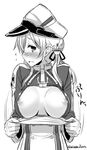 akaza blush breasts greyscale hat kantai_collection large_breasts looking_away military military_hat military_uniform monochrome nipples prinz_eugen_(kantai_collection) solo twintails uniform 