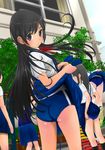  ass black_eyes black_hair buruma changing_clothes gym_uniform higashi_tarou highres long_hair looking_at_viewer looking_back multiple_girls original pantylines skirt skirt_lift uniform 