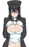  akitsu_maru_(kantai_collection) areola_slip areolae bad_id bad_twitter_id black_eyes black_hair blush bottomless breasts cleavage cleavage_cutout eroe gloves hat jpeg_artifacts kantai_collection large_breasts looking_away meme_attire military military_uniform navel open-chest_sweater parted_lips peaked_cap pubic_hair ribbed_sweater short_hair smile solo sweat sweater uniform upper_body white_gloves 