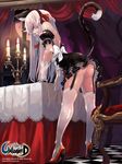  absurdres animal_ears apron arched_back ass bare_shoulders candelabra cat_ears cat_tail checkered checkered_floor garter_straps gloves half_updo hand_on_own_face headdress high_heels highres leaning_forward long_hair no_panties qbspdl red_eyes slit_pupils smirk solo tail thighhighs unleashed white_gloves white_hair white_legwear 