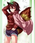  animal_ears bad_id bad_pixiv_id brown_hair contemporary denim denim_shorts futatsuiwa_mamizou glasses highres jacket jacket_on_shoulders leaf leaf_on_head looking_at_viewer pince-nez raccoon_ears raccoon_tail red_eyes s-syogo short_hair shorts smile solo tail touhou 