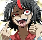  black_hair daigingaa dress emphasis_lines horns kijin_seija looking_at_viewer middle_finger multicolored_hair open_mouth red_eyes red_hair short_hair smile solo streaked_hair text_in_mouth thumbs_down tongue tongue_out touhou uneven_eyes 