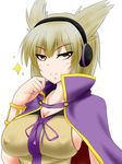  blonde_hair bracelet breasts brown_eyes cape cleavage covered_nipples earmuffs finger_to_mouth jewelry large_breasts looking_at_viewer naughty_face no_bra parmiria pointy_hair sideboob smirk solo sparkle touhou toyosatomimi_no_miko 