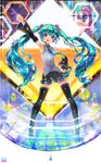  arm_up armpits bad_id bad_pixiv_id blush boots burenai_ai_de_(vocaloid) detached_sleeves floating_hair hand_on_hip hatsune_miku head_tilt headset highres long_hair nail_polish necktie open_mouth outstretched_arm skirt solo thigh_boots thighhighs twintails very_long_hair vocaloid 