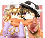  black_hair blonde_hair bow brown_eyes gloves grin hat hat_bow indo_(mdtanaka2007) jacket long_sleeves maribel_hearn mob_cap multiple_girls one_eye_closed open_clothes open_jacket orange_scarf pink_gloves pose purple_eyes scarf shared_scarf shirt smile sweater touhou usami_renko v white_bow 