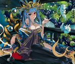  aqua_hair bare_shoulders breasts cleavage dragon_poker furisode headdress japanese_clothes jewelry kimono large_breasts mole nyami pipe smoke thighhighs tsukuyomi_(mythology) 