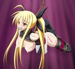 1girl areolae arms_behind_back ass ball_gag bare_shoulders bdsm black_bow black_legwear blonde_hair blush bondage bound bow breast_bondage breasts brown_eyes fate_testarossa female gag gagged hair_bow hanging hanging_breasts high_heels large_breasts long_hair lyrical_nanoha mahou_shoujo_lyrical_nanoha moti_(artist) nipples rope solo straight_hair tears twintails whip_marks 