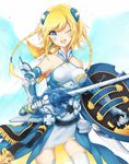  bare_shoulders blonde_hair blue_eyes braid one_eye_closed puzzle_&amp;_dragons shiao shield short_hair_with_long_locks solo sword thighhighs valkyrie_(p&amp;d) water_valkyrie_(p&amp;d) weapon wings zettai_ryouiki 