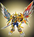  arm_up armor artist_request cannon claws clenched_hand commentary full_body g_gundam glowing glowing_eyes god_gundam gold_armor green_eyes gundam haruzedan holding holding_sword holding_weapon horn horns katana large_wings mecha mechanization musha_godmaru no_humans no_pupils sd_gundam sd_gundam_sangokuden sd_sengokuden shoulder_cannon solo standing super_robot sword tagme weapon wings 