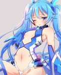  blue_eyes blue_hair blue_leotard blush cleavage_cutout covered_nipples flat_chest gloves highres implied_sex leotard leotard_aside long_hair mecha_musume navel navel_cutout one_eye_closed ore_twintail_ni_narimasu revealing_clothes solo sweat tailblue twintails yutsumoe 