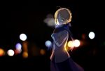  :o ahoge artoria_pendragon_(all) blonde_hair blue_scarf blurry bokeh breath coat colored_eyelashes depth_of_field fate/stay_night fate_(series) gloves green_eyes kabane_(follabi) long_sleeves looking_at_viewer saber scarf skirt solo 