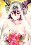  bad_id bad_pixiv_id bare_shoulders black_hair blush bouquet breasts bridal_veil choker cleavage collarbone dress elbow_gloves flower gloves headgear kantai_collection lace large_breasts leaf long_hair looking_at_viewer nagato_(kantai_collection) open_mouth pink_flower pink_rose red_eyes rose solo strapless strapless_dress unabara_misumi veil wedding_dress white_dress white_gloves 