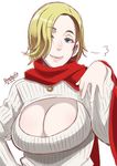  blonde_hair blue_eyes breasts butcha-u cleavage cleavage_cutout dc_comics hair_over_one_eye large_breasts lips meme_attire open-chest_sweater power_girl ribbed_sweater scarf short_hair smile solo sweater white_background 