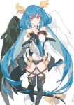  1girl asymmetrical_wings bare_shoulders blue_hair bow confused dizzy eyebrows_visible_through_hair guilty_gear guilty_gear_xrd highres looking_at_viewer may_(guilty_gear) red_eyes ribbon ronopu smile solo tail tail_bow tail_ribbon thighhighs twintails white_background wings yellow_ribbon 