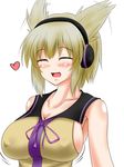  :d ^_^ armpits blonde_hair blush bouncing_breasts breasts cleavage closed_eyes covered_nipples earmuffs expressive_hair heart large_breasts no_bra open_mouth parmiria pointy_hair short_hair sideboob smile solo touhou toyosatomimi_no_miko 