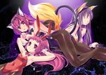  animal_ears armpits black_legwear breasts bunny_ears bunnysuit cat_ears cat_tail cleavage closed_eyes fox_ears fox_tail highres imu_sanjo kittysuit leotard long_hair looking_at_viewer lying medium_breasts multiple_girls on_stomach original pantyhose playboy_bunny_leotard purple_hair red_eyes red_hair short_hair smile tail 