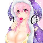  bikini_top breasts candy cleavage food hatomilkyt headphones hood hoodie large_breasts lollipop long_hair looking_at_viewer nitroplus pink_eyes pink_hair solo super_sonico 