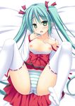  aqua_hair blush breasts breasts_outside green_eyes hair_ribbon hatsune_miku japanese_clothes long_hair lying medium_breasts miko nipples on_back open_mouth panties ribbon skywaker solo striped striped_panties thighhighs twintails underwear very_long_hair vocaloid 