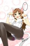  :d animal_ears artist_name ashigara_(kantai_collection) ass brown_eyes brown_hair cat_ears cat_tail fake_animal_ears highres imu_sanjo kantai_collection kemonomimi_mode kittysuit long_hair looking_at_viewer open_mouth pantyhose paw_pose signature smile solo sweat tail translated 