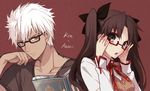  1girl archer bad_id bad_pixiv_id bespectacled blue_eyes book brown_hair dark_skin fate/stay_night fate_(series) glasses sakura_yuki_(clochette) toosaka_rin two_side_up white_hair 