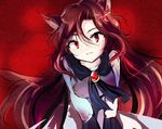  animal_ears bent_over brooch brown_hair fang imaizumi_kagerou jewelry long_hair long_sleeves looking_at_viewer red_eyes shirt solo tail touhou upper_body uranaishi_(miraura) v_arms very_long_hair wide_sleeves wolf_ears wolf_tail 