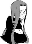  blush breasts cleavage_cutout fate/stay_night fate_(series) glasses greyscale large_breasts long_hair meme_attire monochrome open-chest_sweater rider simple_background sketch solo sweater upper_body white_background yurikawa 