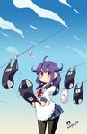  ahoge clothesline day drying drying_clothes eighth_note hair_flaps highres imu_sanjo kantai_collection laundry long_hair low_twintails musical_note one-piece_swimsuit pantyhose pleated_skirt purple_hair red_eyes school_swimsuit school_uniform serafuku skirt sky smile solo swimsuit taigei_(kantai_collection) twintails 