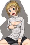  bike_shorts blue_eyes blush breasts brown_hair cleavage cleavage_cutout gundam gundam_build_fighters gundam_build_fighters_try h_kasei hoshino_fumina long_hair looking_at_viewer medium_breasts meme_attire open-chest_sweater open_mouth ponytail ribbed_sweater scrunchie sitting smile solo sweater turtleneck 