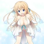  amagi_brilliant_park bent_over blonde_hair blue_eyes bow breasts cleavage double_v hair_bow hair_ribbon highres kutata large_breasts long_hair looking_at_viewer navel no_panties ribbon solo sylphy_(amaburi) two_side_up v 