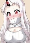  alternate_costume blush breasts cleavage cleavage_cutout covered_mouth dress horn jewelry kantai_collection large_breasts long_hair looking_at_viewer meme_attire necklace open-chest_sweater pale_skin red_eyes ribbed_dress ribbed_sweater seaport_hime shinkaisei-kan silver_hair solo sweat sweater turtleneck yamato_nadeshiko 