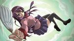  bakemonogatari falling fingernails foreshortening green_eyes legs loafers long_hair looking_at_viewer mashima_hiro miniskirt monogatari_(series) necktie pleated_skirt purple_hair quill school_uniform senjougahara_hitagi shoes skirt sky solo thighhighs zettai_ryouiki 