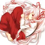  bad_id bad_pixiv_id barefoot feet fetal_position fujiwara_no_mokou gyoniku_sausage hair_ribbon long_hair lying plantar_flexion red_eyes ribbon silver_hair solo suspenders touhou 