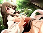  ayase_midori bad_id bad_pixiv_id bare_shoulders brown_hair detached_sleeves flat_chest horns jewelry long_hair naga_(staygarden) pendant red_eyes ryuujin_naga smile solo 